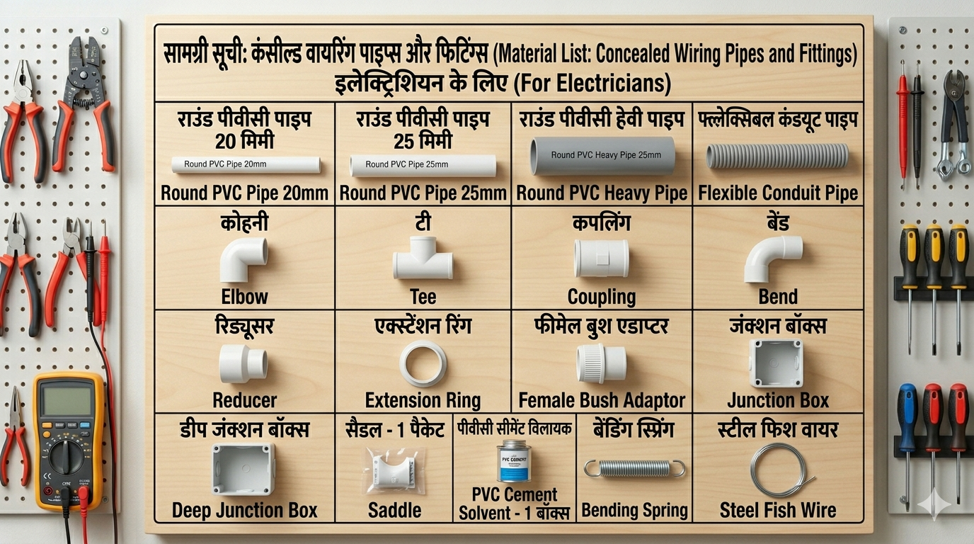 कन्सील्ड वायरिंग पाइप और फिटिंग (Concealed Wiring Pipes & Fittings) Saman List कन्सील्ड वायरिंग पाइप और फिटिंग (Concealed Wiring Pipes & Fittings) saman list items