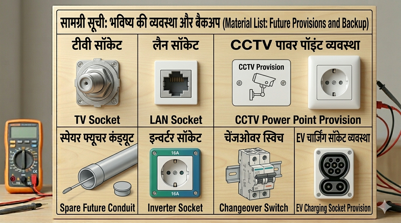 भविष्य प्रावधान और बैकअप (Future Provisions & Backup Wiring) Saman List भविष्य प्रावधान और बैकअप (Future Provisions & Backup Wiring) saman list items
