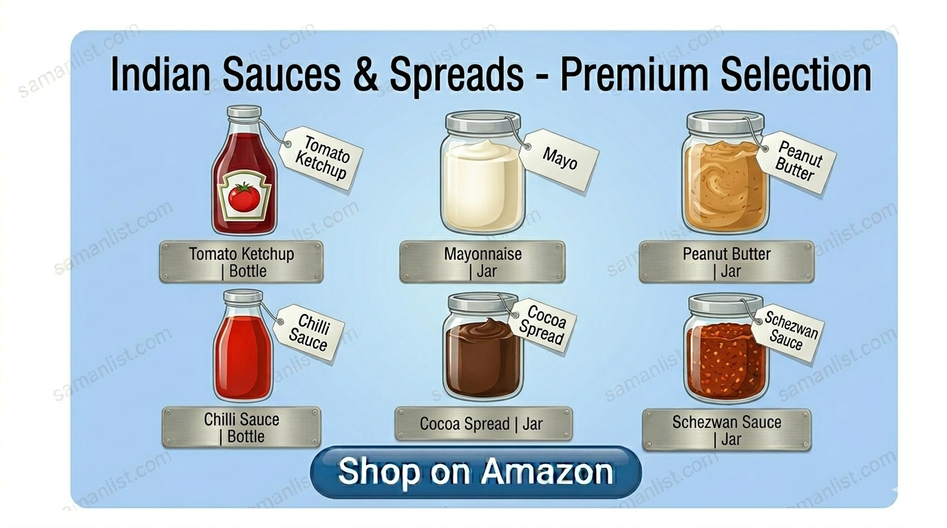 स्प्रेड्स, सॉसेस और केचप (Spreads Sauces aur Ketchup) Saman List स्प्रेड्स, सॉसेस और केचप (Spreads Sauces aur Ketchup) saman list items