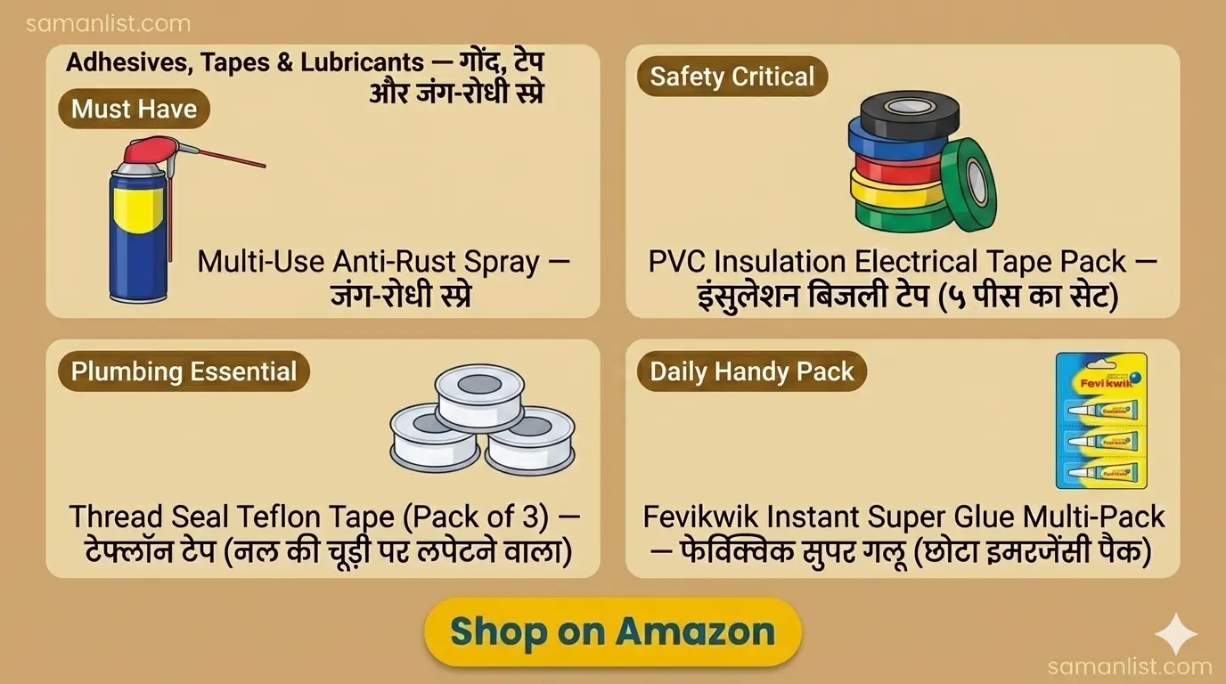 Adhesives, Tapes & Lubricants — गोंद, टेप और जंग-रोधी स्प्रे Saman List Adhesives, Tapes & Lubricants — गोंद, टेप और जंग-रोधी स्प्रे saman list items
