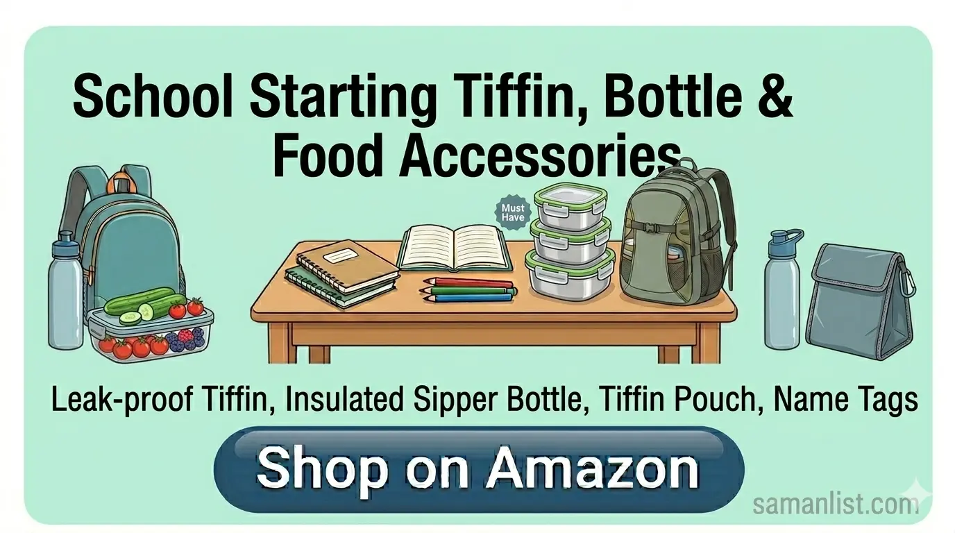 Tiffin, Water Bottle & Food Accessories — टिफ़िन, बोतल और खाने का सामान Saman List Tiffin, Water Bottle & Food Accessories — टिफ़िन, बोतल और खाने का सामान saman list items